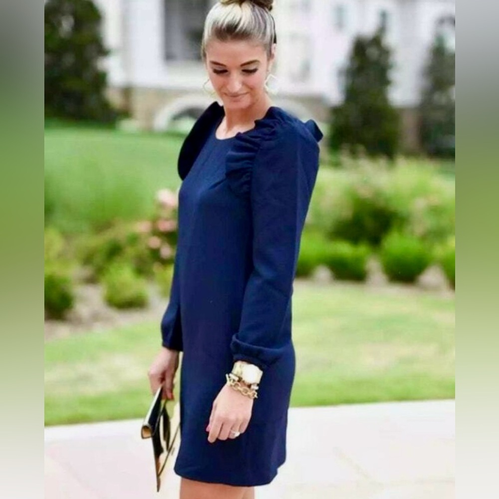 Chelsea28 Navy Blue Long Sleeve Ruffle Shift Dress Size 12